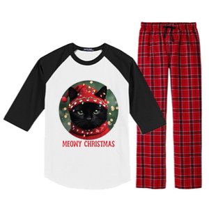 Meowy Black Cat Ugly Christmas Light Gift Raglan Sleeve Pajama Set