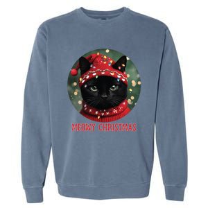 Meowy Black Cat Ugly Christmas Light Gift Garment-Dyed Sweatshirt