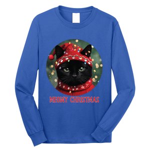 Meowy Black Cat Ugly Christmas Light Gift Long Sleeve Shirt