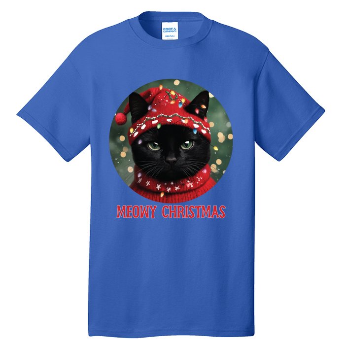 Meowy Black Cat Ugly Christmas Light Gift Tall T-Shirt