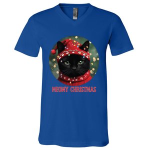 Meowy Black Cat Ugly Christmas Light Gift V-Neck T-Shirt