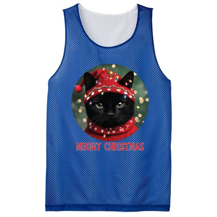 Meowy Black Cat Ugly Christmas Light Gift Mesh Reversible Basketball Jersey Tank