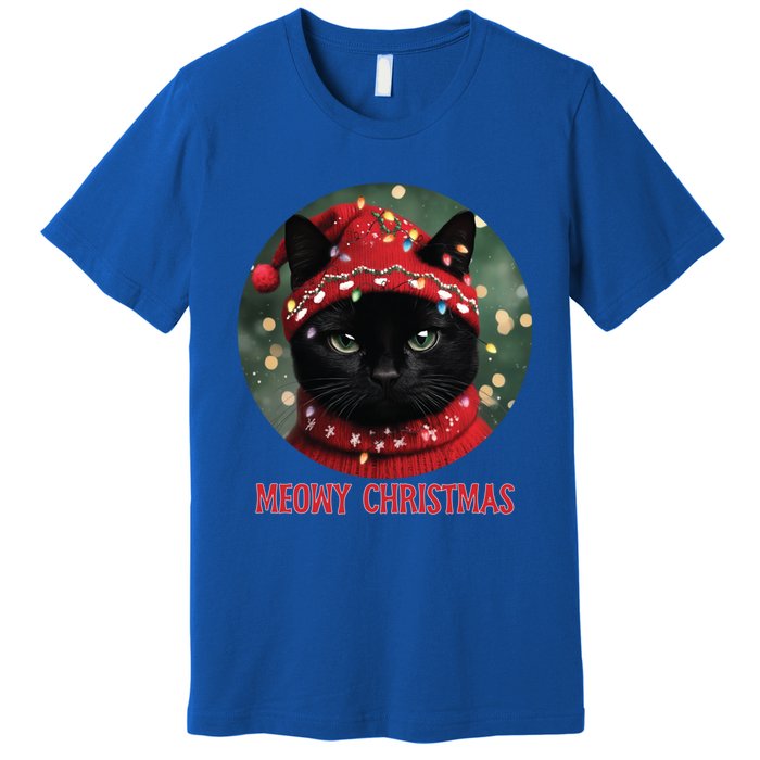 Meowy Black Cat Ugly Christmas Light Gift Premium T-Shirt