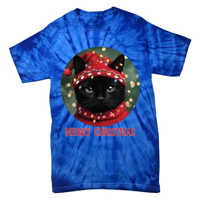 Meowy Black Cat Ugly Christmas Light Gift Tie-Dye T-Shirt