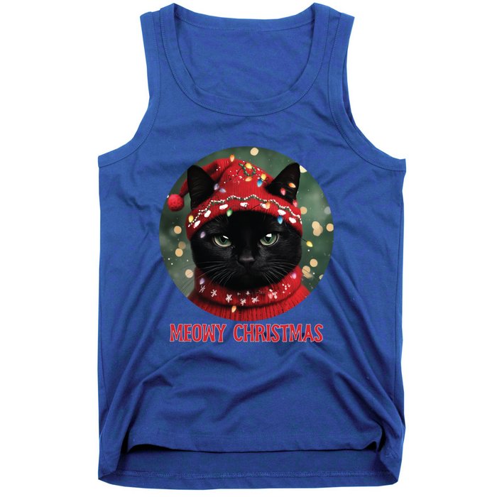 Meowy Black Cat Ugly Christmas Light Gift Tank Top