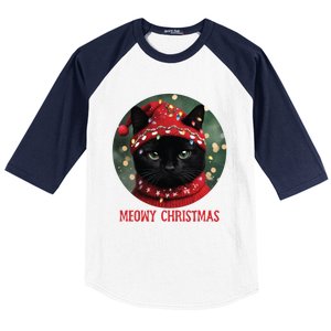 Meowy Black Cat Ugly Christmas Light Gift Baseball Sleeve Shirt