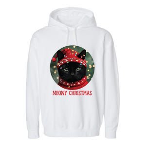 Meowy Black Cat Ugly Christmas Light Gift Garment-Dyed Fleece Hoodie