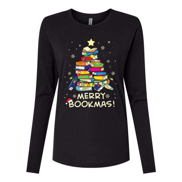 Merry Bookmas Christmas Library Tree Shirts Reading Librarian Womens Cotton Relaxed Long Sleeve T-Shirt