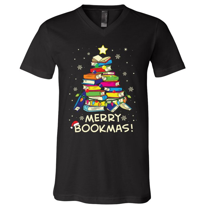 Merry Bookmas Christmas Library Tree Shirts Reading Librarian V-Neck T-Shirt