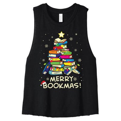 Merry Bookmas Christmas Library Tree Shirts Reading Librarian Women's Racerback Cropped Tank