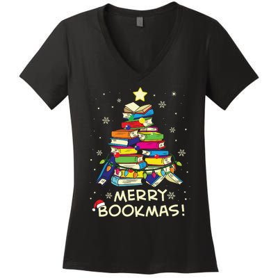 Merry Bookmas Christmas Library Tree Shirts Reading Librarian Women's V-Neck T-Shirt