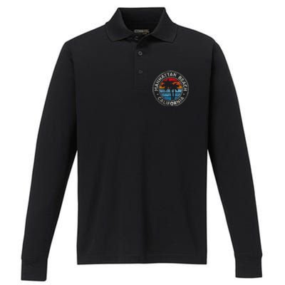 Manhattan Beach California Ca Vintage Graphic Retro 70s Performance Long Sleeve Polo