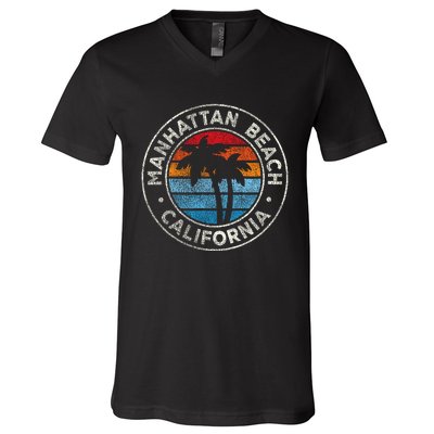 Manhattan Beach California Ca Vintage Graphic Retro 70s V-Neck T-Shirt