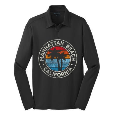 Manhattan Beach California Ca Vintage Graphic Retro 70s Silk Touch Performance Long Sleeve Polo