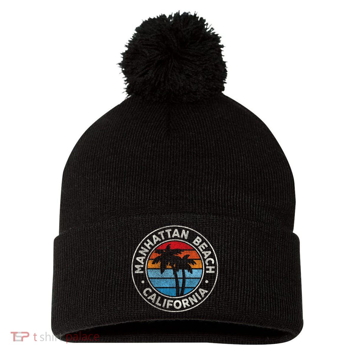 Manhattan Beach California Ca Vintage Graphic Retro 70s Pom Pom 12in Knit Beanie