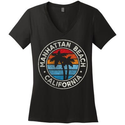 Manhattan Beach California Ca Vintage Graphic Retro 70s Women's V-Neck T-Shirt