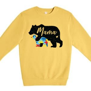 Mama Bear Cute Autism Awareness Mom With Puzzle Piece Cub Cute Gift Premium Crewneck Sweatshirt