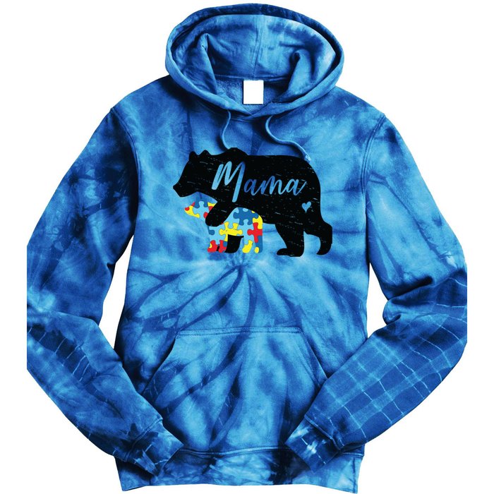 Mama Bear Cute Autism Awareness Mom With Puzzle Piece Cub Cute Gift Tie Dye Hoodie