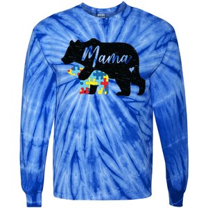 Mama Bear Cute Autism Awareness Mom With Puzzle Piece Cub Cute Gift Tie-Dye Long Sleeve Shirt