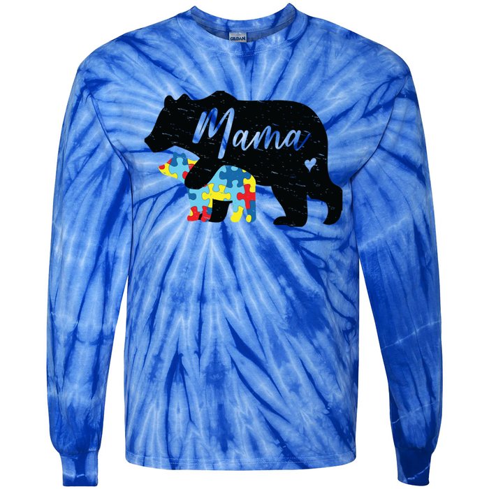 Mama Bear Cute Autism Awareness Mom With Puzzle Piece Cub Cute Gift Tie-Dye Long Sleeve Shirt