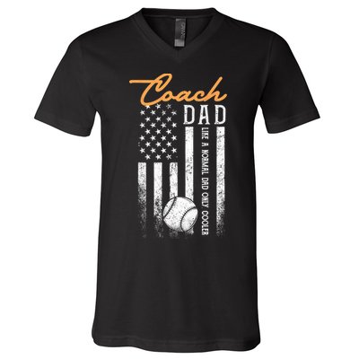 Mens Baseball Coach Dad Like A Normal Dad Only Cooler USA Flag V-Neck T-Shirt