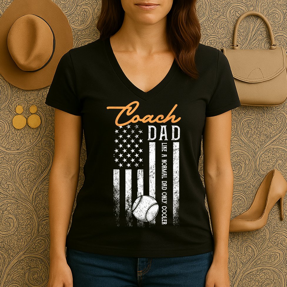 Mens Baseball Coach Dad Like A Normal Dad Only Cooler USA Flag Women's V-Neck T-Shirt