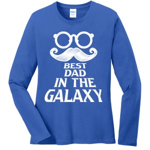 Mustache Best Dad In The Galaxy Proud Cool Parent Daddy Gift Ladies Long Sleeve Shirt