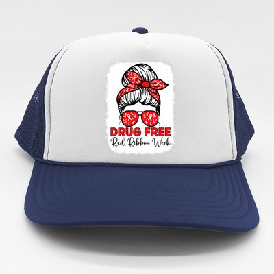 Messy Bun Drug Free Red Ribbon Week Awareness Antidrug Trucker Hat