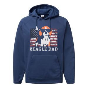 Men Beagle Dad American Flag 4th Of July Patriotic Beagle Design Performance Fleece Hoodie