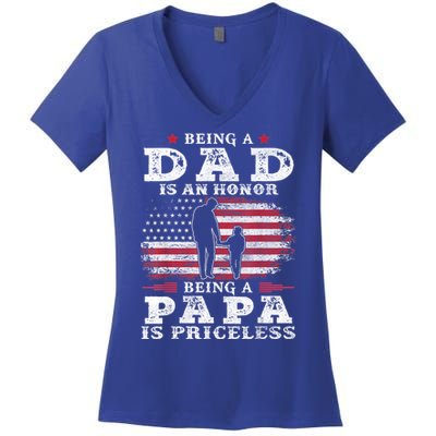 Mens Being Dad Is An Honor Being Papa Is Priceless USA Flag Women's V-Neck T-Shirt