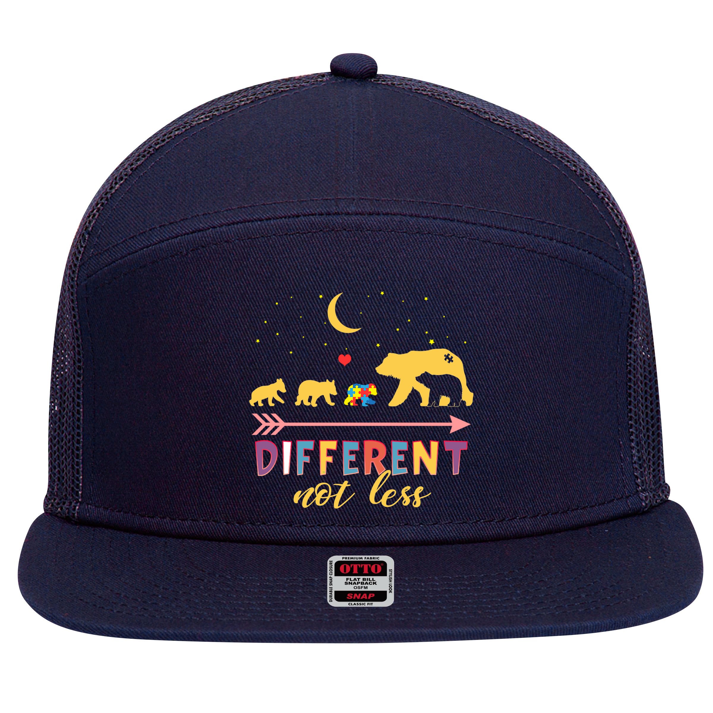 Mama Bear Different Not Less Autism Awareness 7 Panel Mesh Trucker Snapback Hat