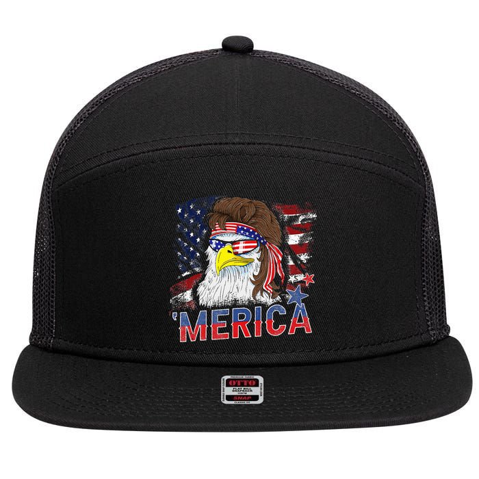 Merica Bald Eagle Mullet 4th Of July American Flag Patriotic 7 Panel Mesh Trucker Snapback Hat