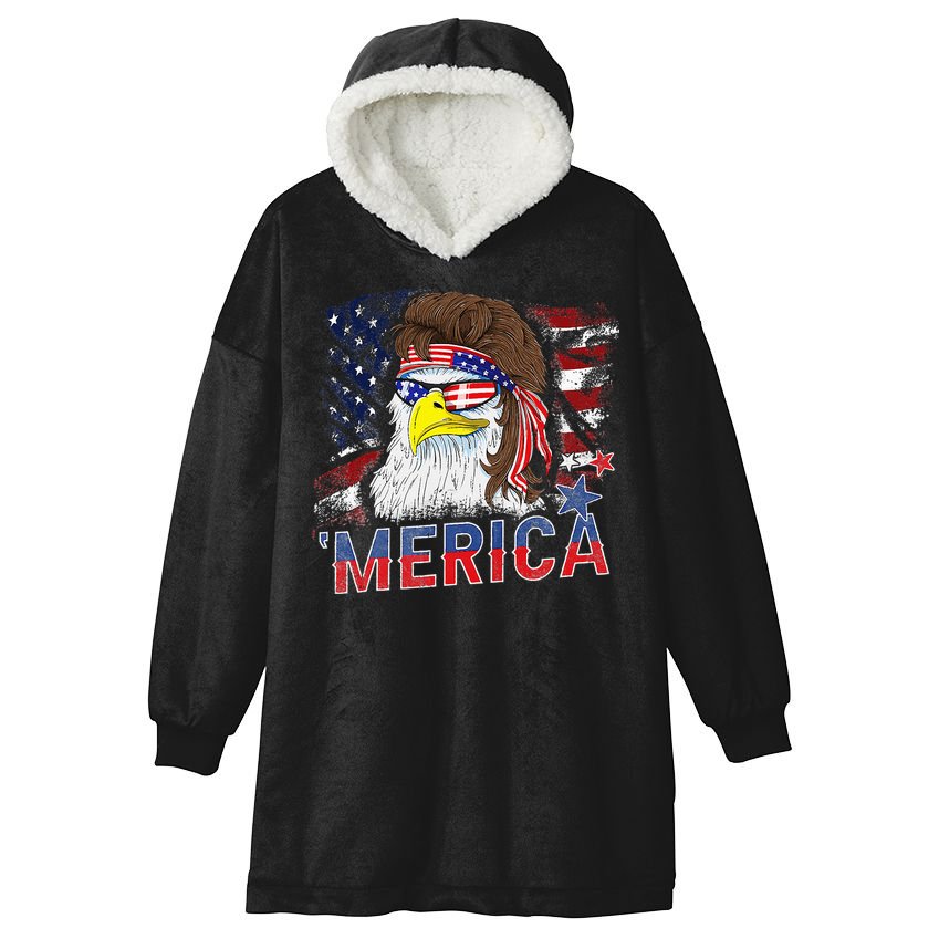 Merica Bald Eagle Mullet 4th Of July American Flag Patriotic Hooded Wearable Blanket