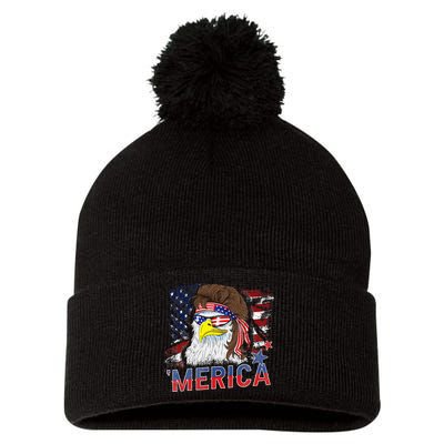 Merica Bald Eagle Mullet 4th Of July American Flag Patriotic Pom Pom 12in Knit Beanie