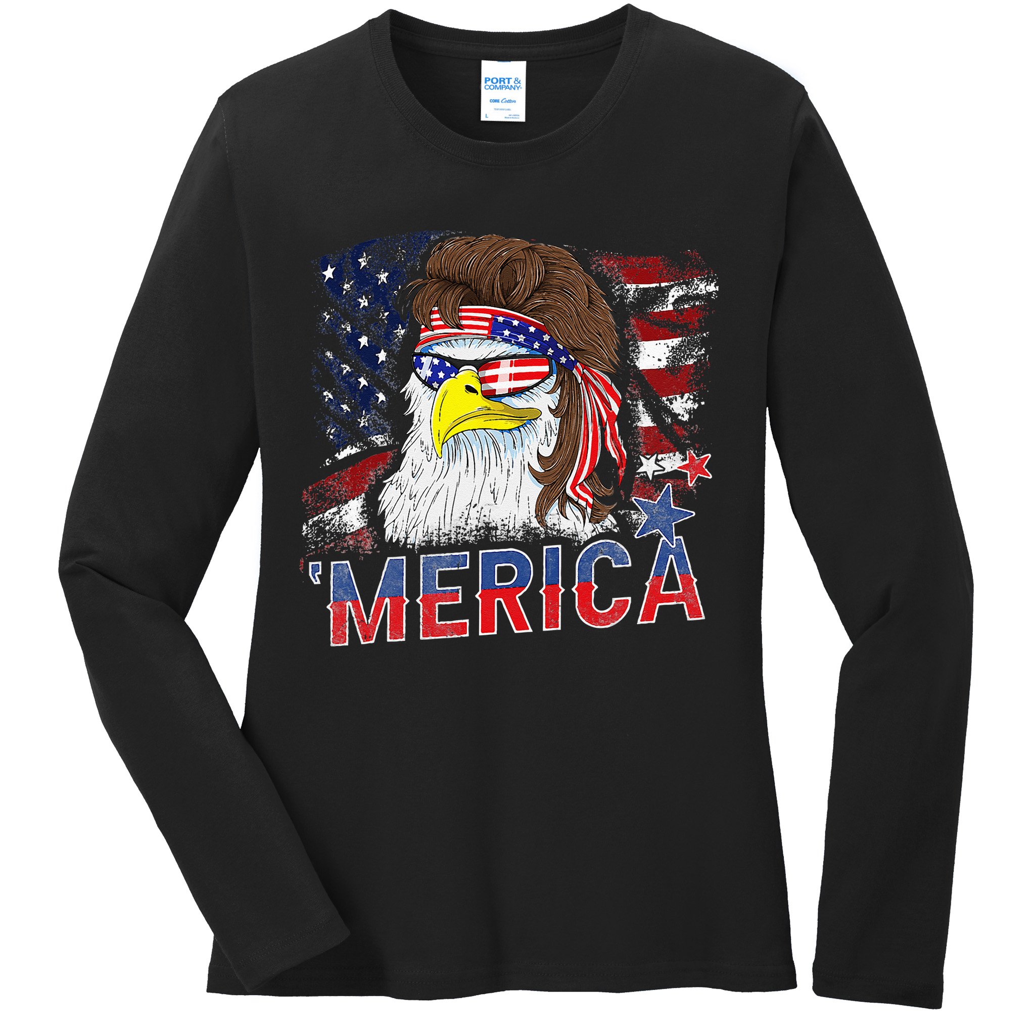 Merica Bald Eagle Mullet 4th Of July American Flag Patriotic Ladies Long Sleeve Shirt
