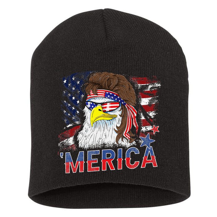 Merica Bald Eagle Mullet 4th Of July American Flag Patriotic Short Acrylic Beanie