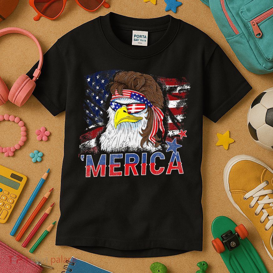 Merica Bald Eagle Mullet 4th Of July American Flag Patriotic Kids T-Shirt