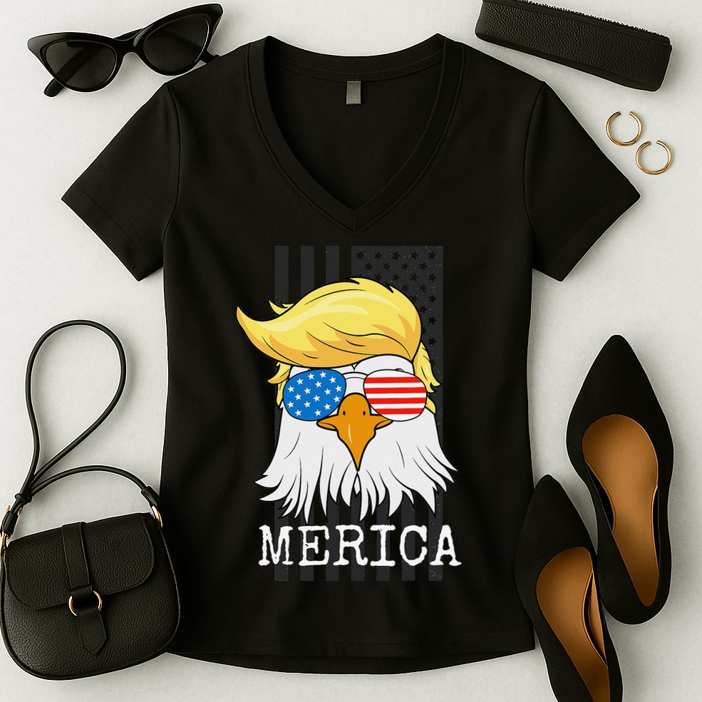 Merica Bald Eagle 4th of July Trump American Flag Funny Gift Women's V-Neck T-Shirt