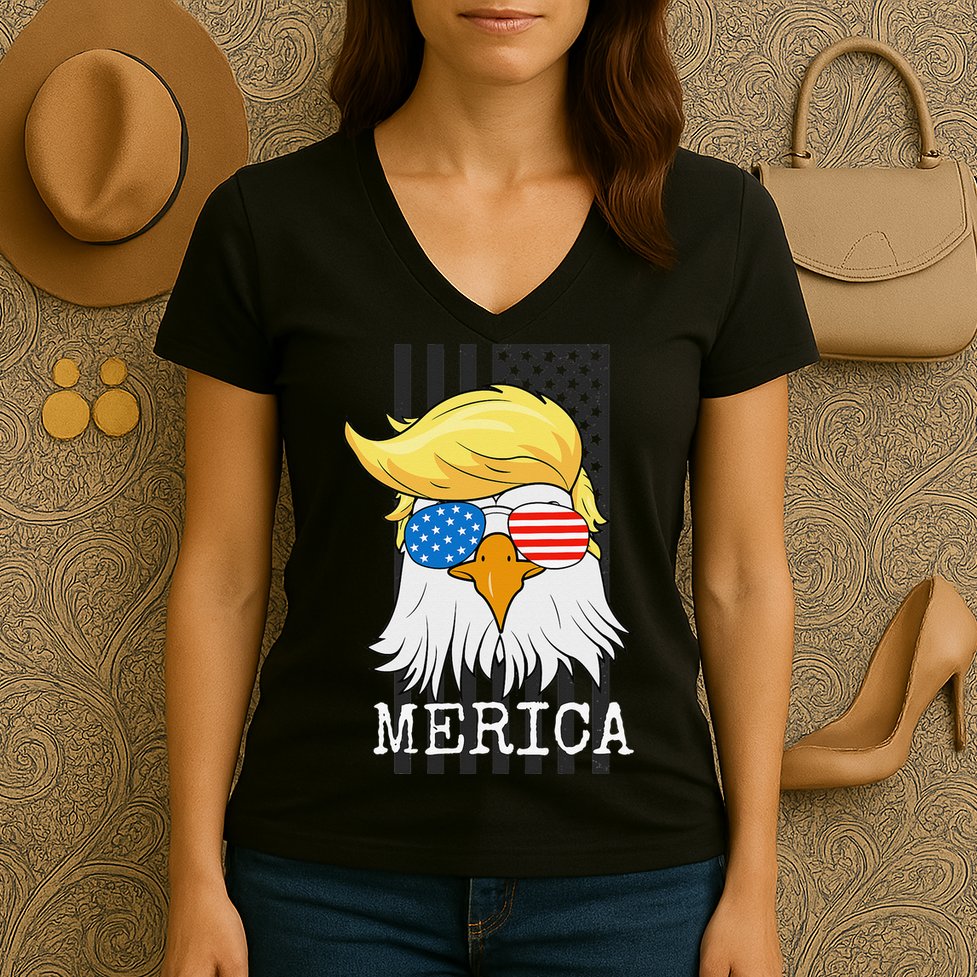 Merica Bald Eagle 4th of July Trump American Flag Funny Gift Women's V-Neck T-Shirt