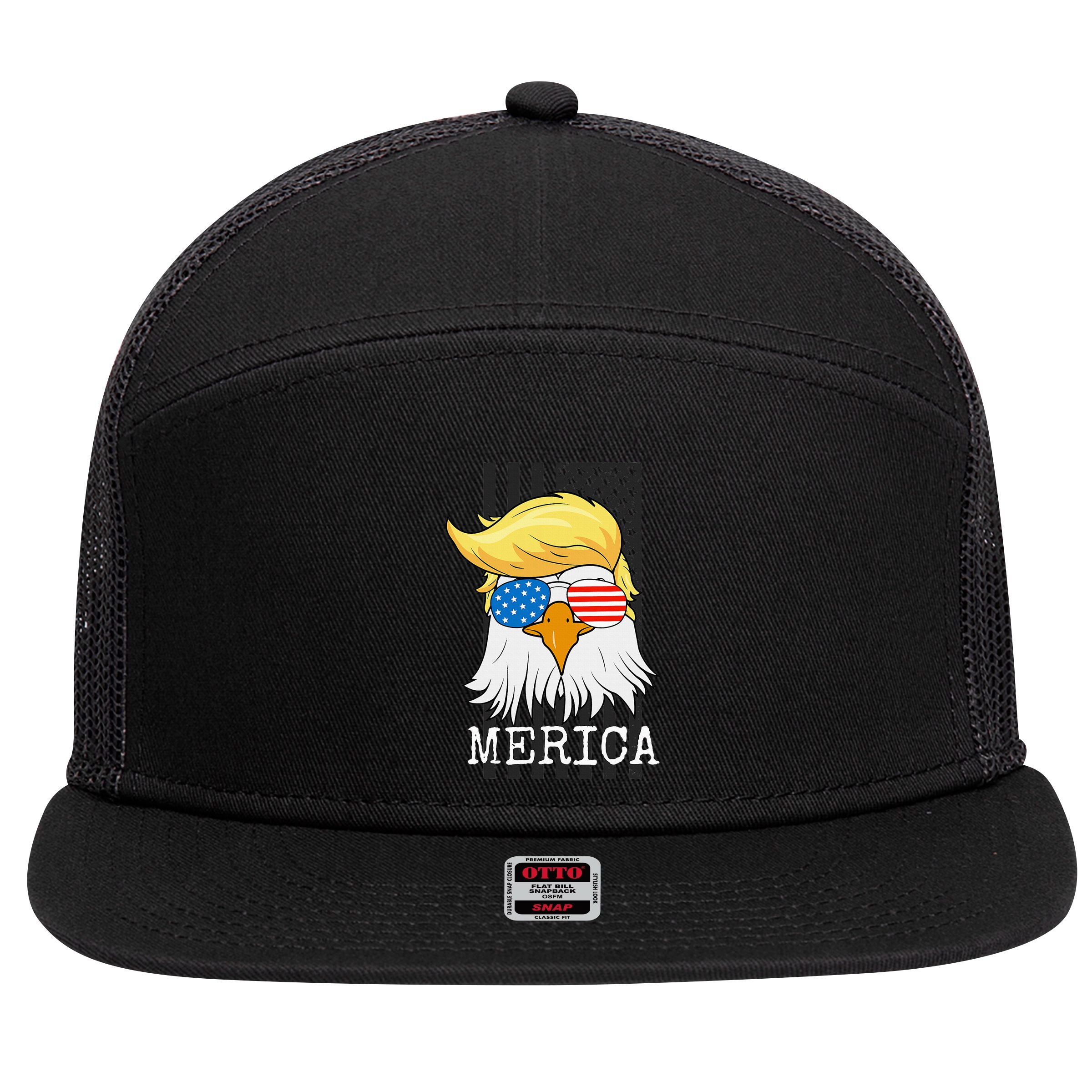 Merica Bald Eagle 4th Of July Trump American Flag 7 Panel Mesh Trucker Snapback Hat