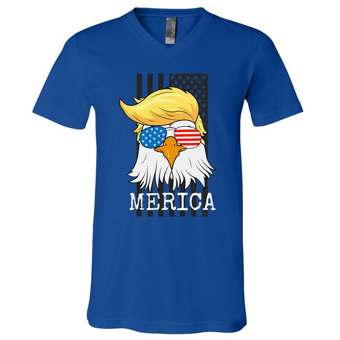 Merica Bald Eagle 4th Of July Trump American Flag V-Neck T-Shirt