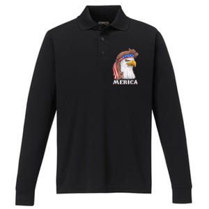 Merica Bald Eagle Mullet 4th Of July American Flag Performance Long Sleeve Polo