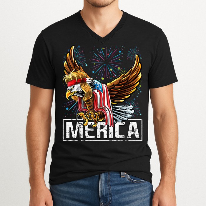 Merica Bald Eagle Mullet 4th of July American Flag Patriotic V-Neck T-Shirt