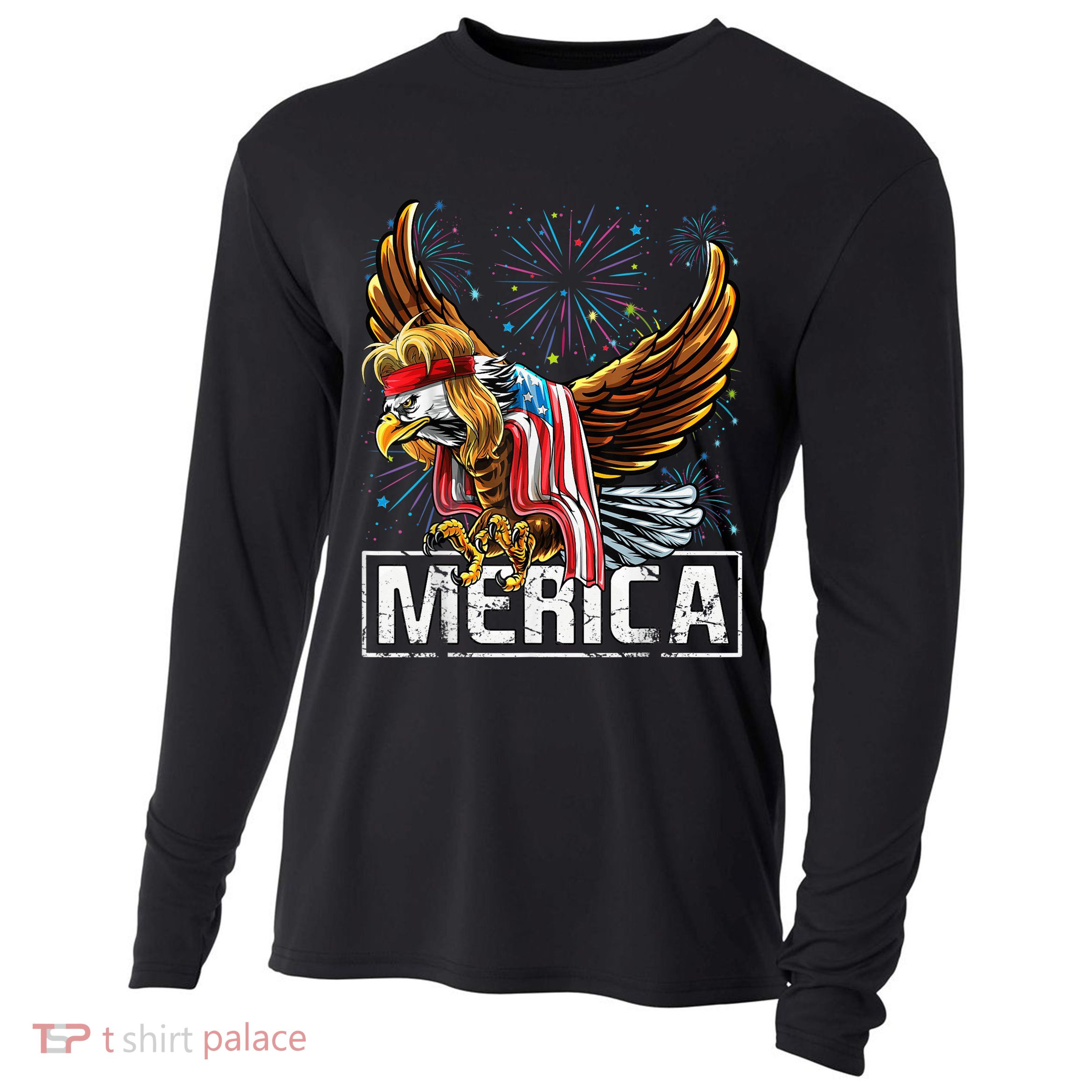 Merica Bald Eagle Mullet 4th of July American Flag Patriotic Cooling Performance Long Sleeve Crew