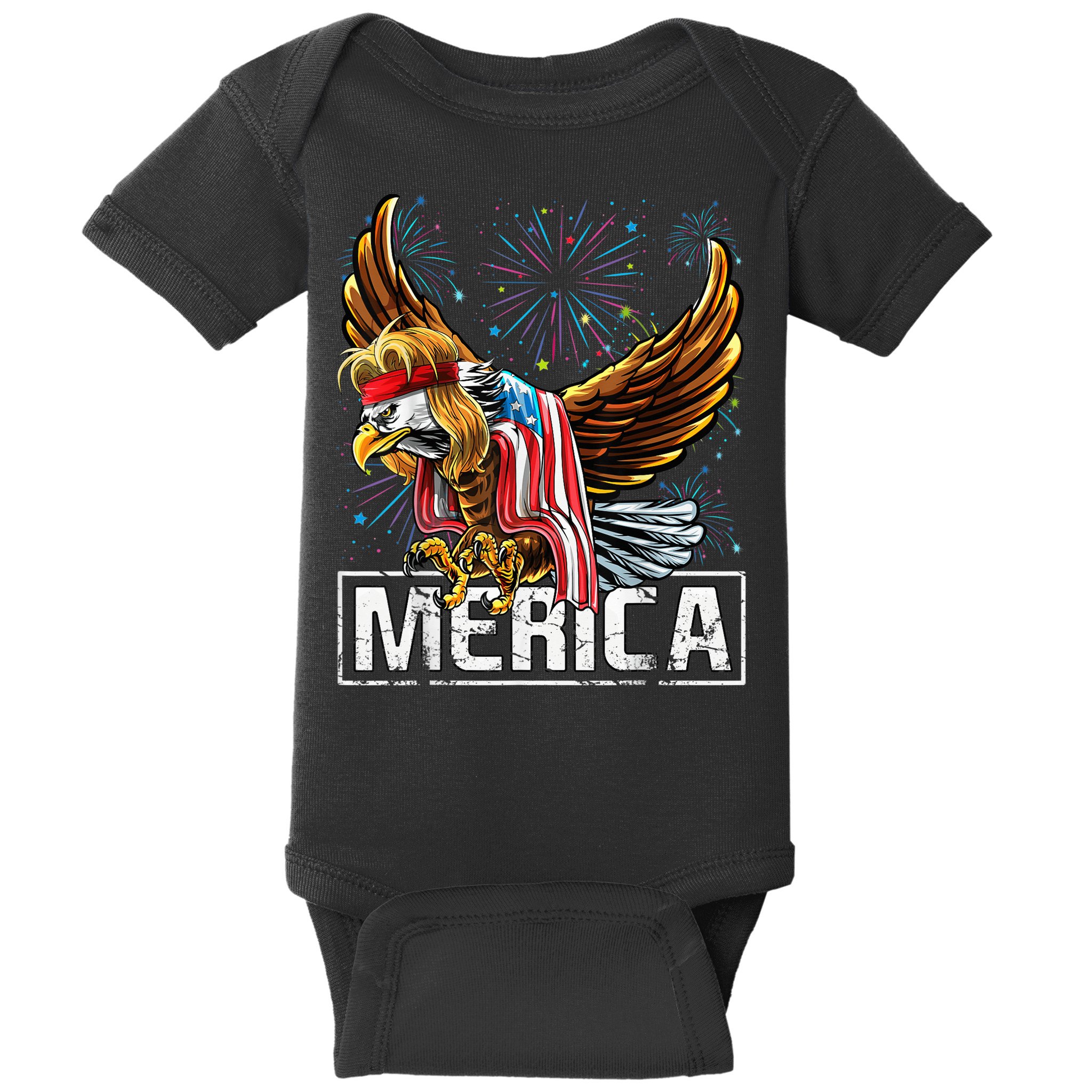 Merica Bald Eagle Mullet 4th of July American Flag Patriotic Baby Bodysuit
