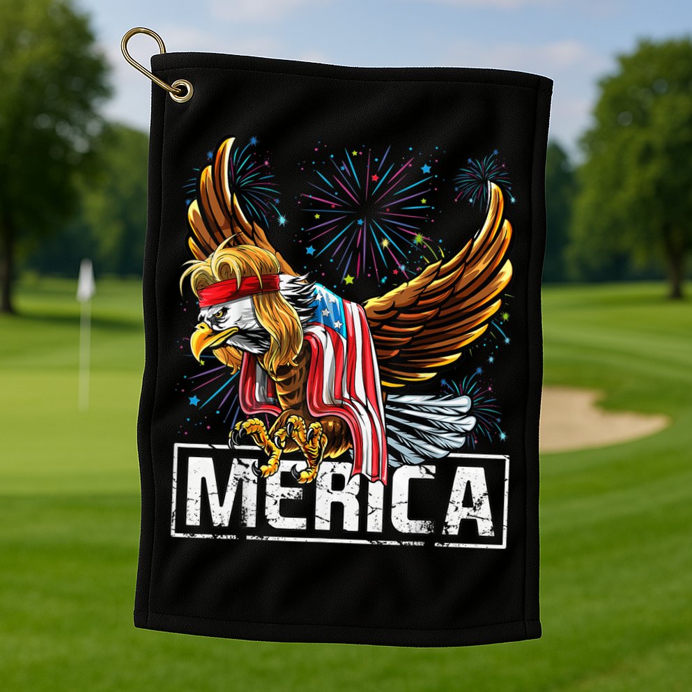 Merica Bald Eagle Mullet 4th of July American Flag Patriotic Golf Towel