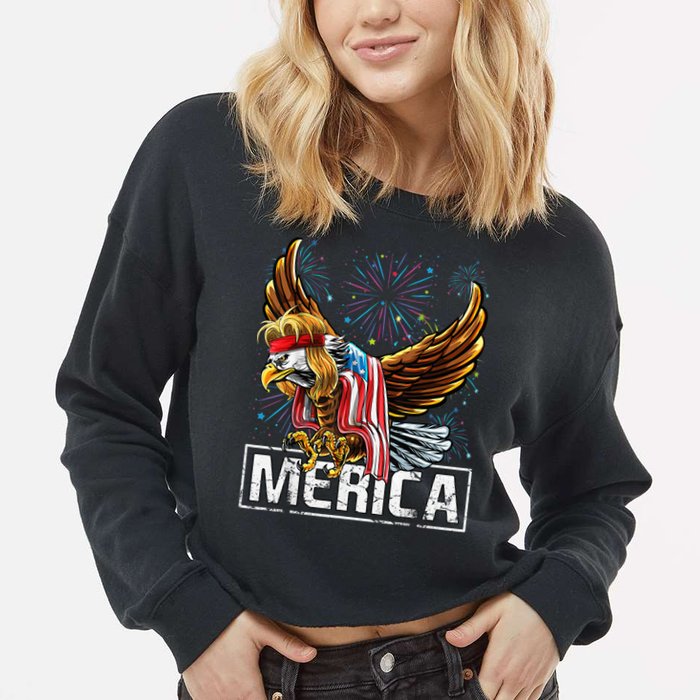 Merica Bald Eagle Mullet 4th of July American Flag Patriotic Cropped Pullover Crew