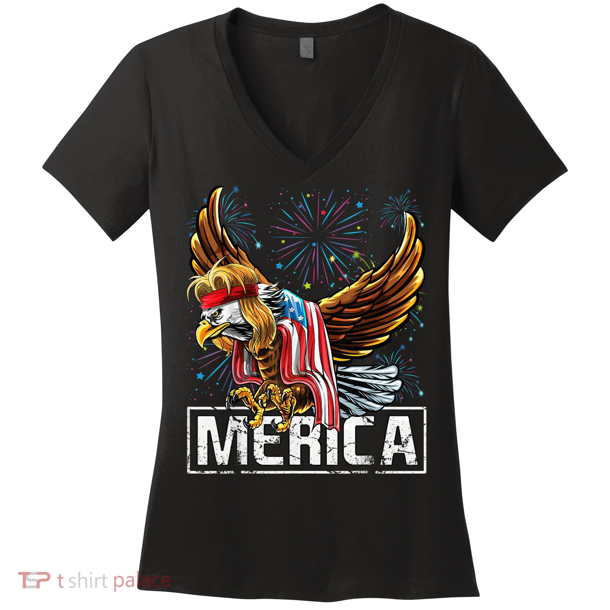 Merica Bald Eagle Mullet 4th of July American Flag Patriotic Women's V-Neck T-Shirt