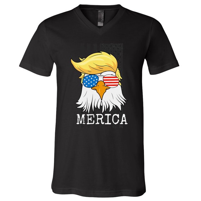 Merica Bald Eagle 4th of July Trump American Flag Funny Gift V-Neck T-Shirt