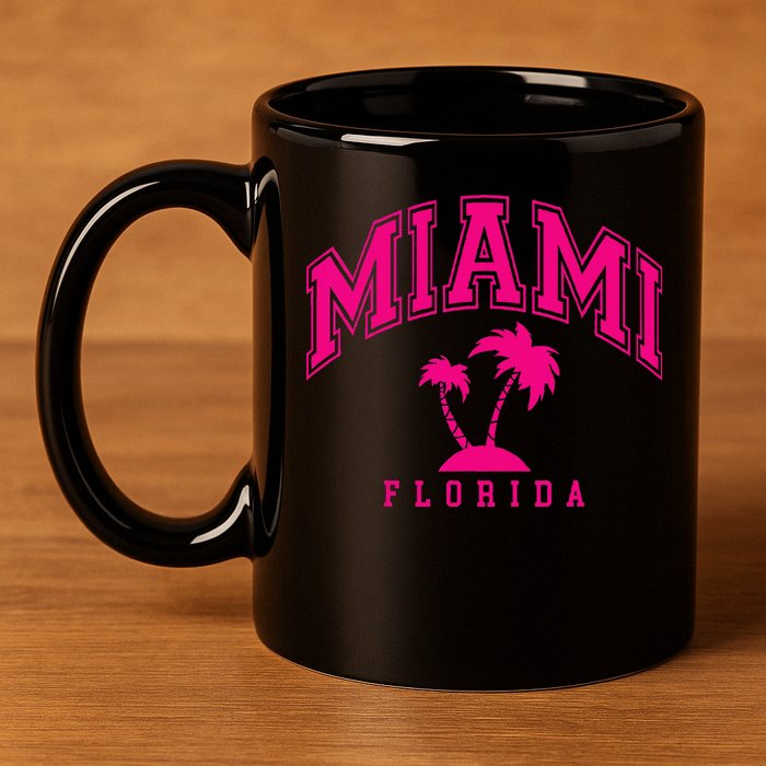 Miami Beach Florida Palms Palm Trees Preppy Varsity Pink 11oz C Handle Ceramic Mug